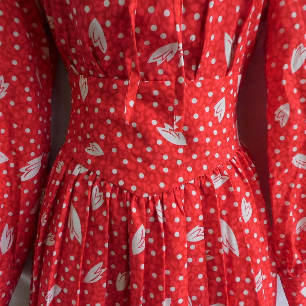 Vintage Style 80s Does 50s Dress Shirtwaist Red Polka Dot Zip Back Puff Sleeve - Picture 5 of 12
